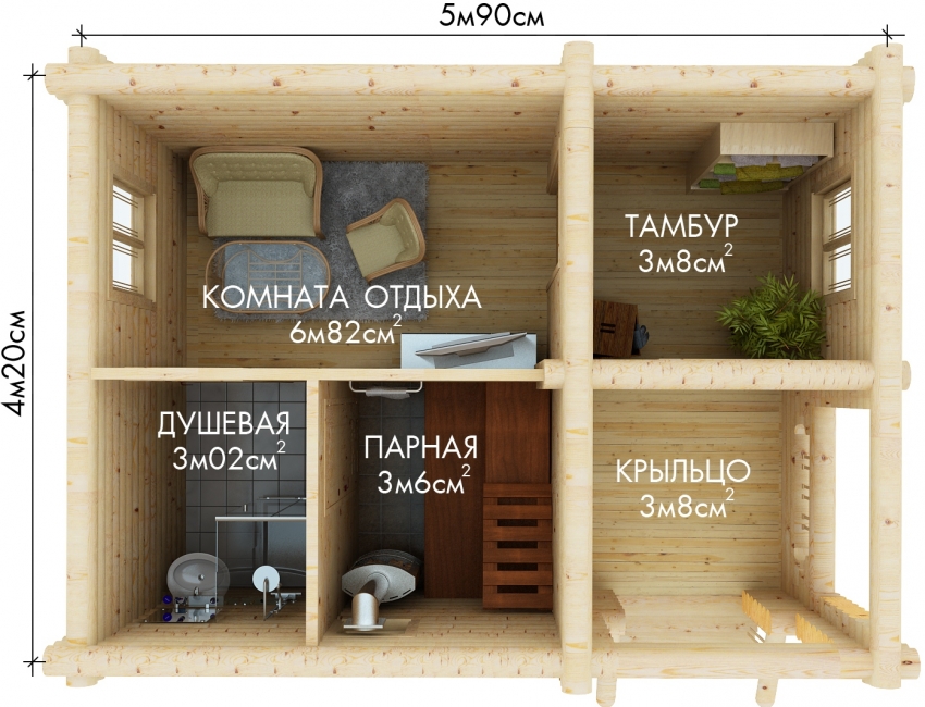 A ready-made scheme for a medium-sized bathhouse 4.2x5.9 m with additional rooms: a vestibule, a relaxation area and a shower