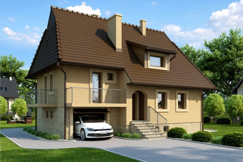 3D design of a building with an attic, which involves the simultaneous construction of a house and a garage