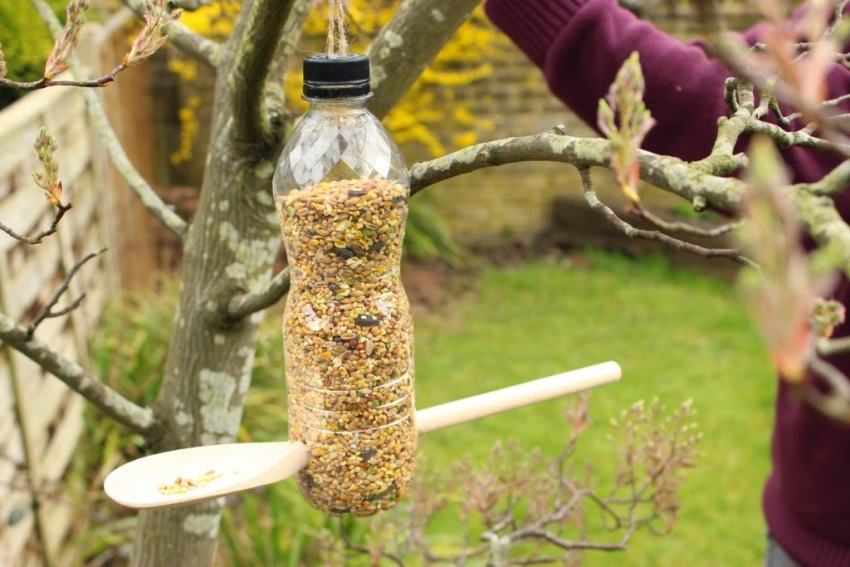 Kantina za ptice izrađena od plastične boce i drvene žlice
