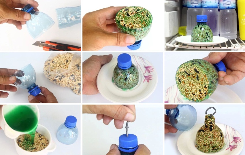 Od grla boce možete napraviti viseću hranilicu od žitarica s dodatkom želatine
