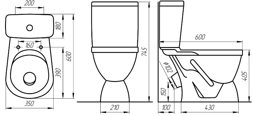 Toilet bowl standard size diagram