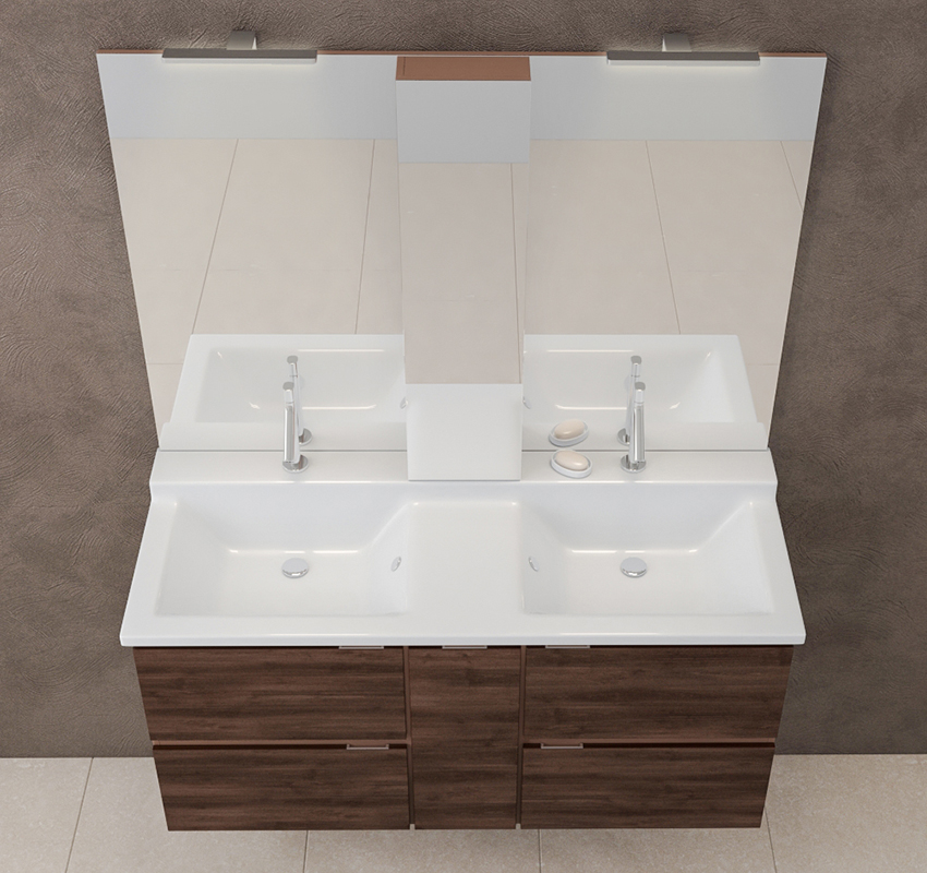 Cabinet made of laminated chipboard for two overhead sinks