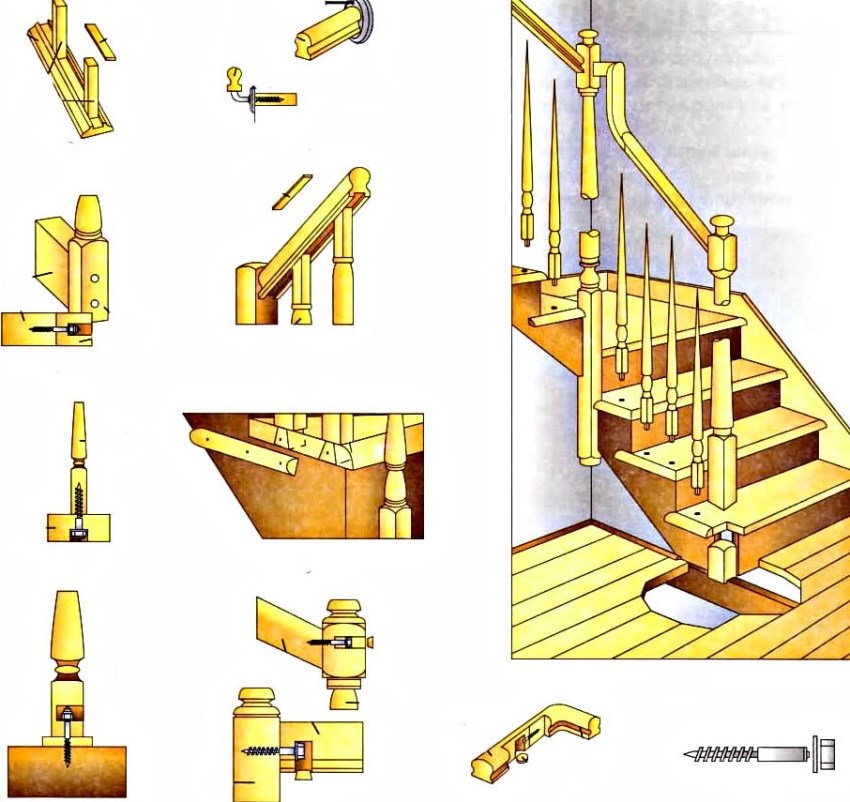 Fastening elements of a wooden staircase