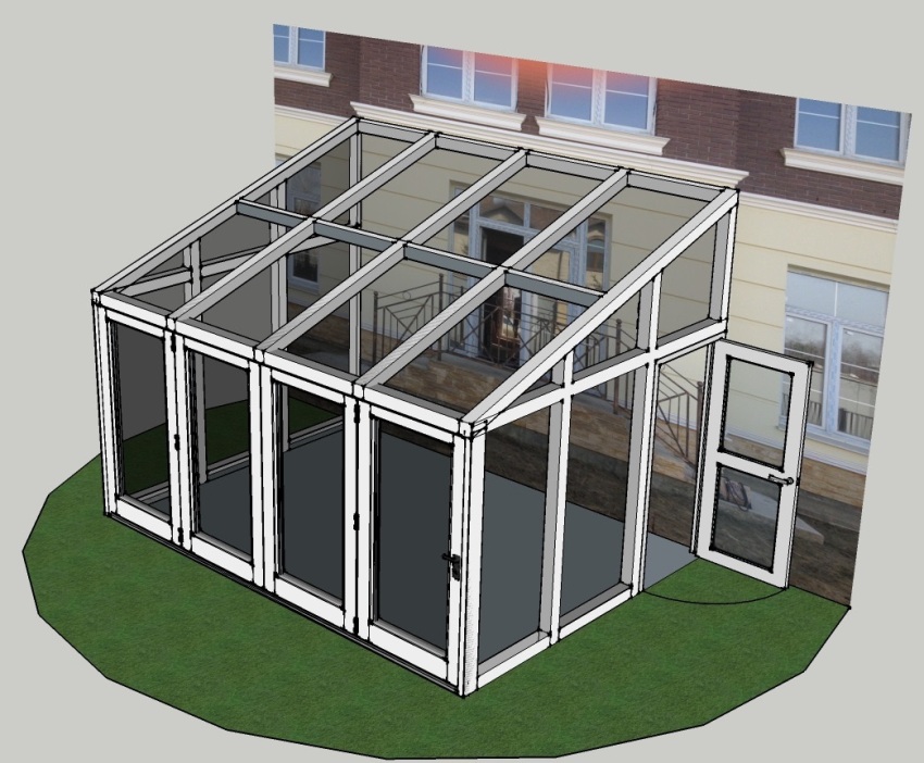 Rectangular translucent structure in the form of an extension of a winter garden to a house with a pitched roof