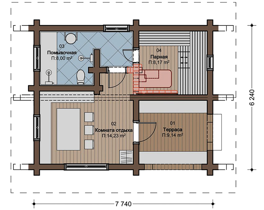 Projekt saune dimenzija 7,74 sa 6,24 metara