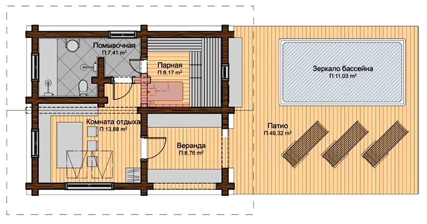 Projekt saune s parnom kupatilom, kupaonicom, sobi za opuštanje, verandom i bazenom na otvorenoj terasi