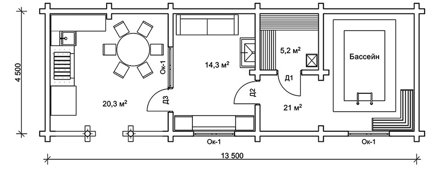 Projekt saune s bazenom: terasa - 20,3 m², soba za opuštanje - 14,3 m², parna soba - 5,2 m², bazen - 21 m²