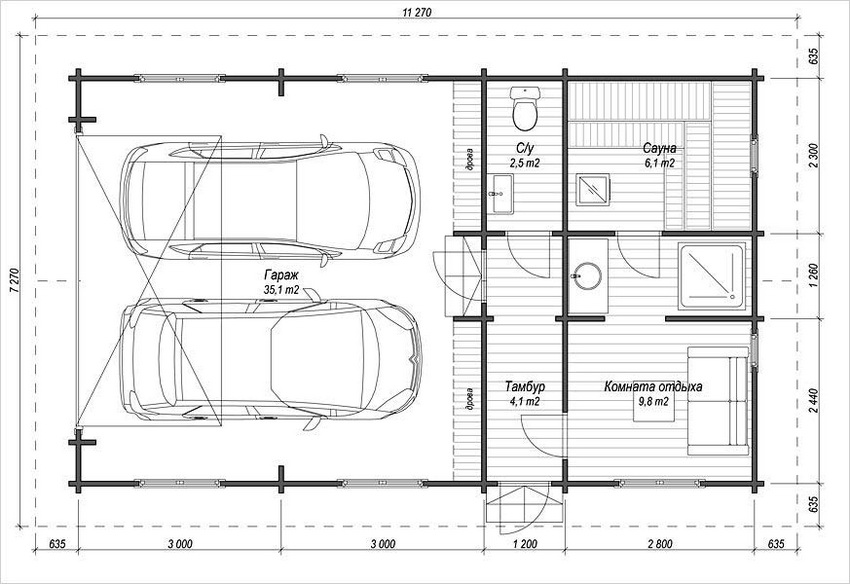 Plan-drawing of a bath with a garage