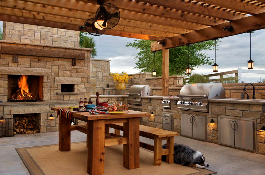 Brick BBQ with gazebo, worktop and dining area