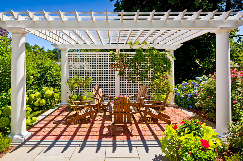 The main difference between a pergola and a gazebo or a canopy is the absence of a solid top floor
