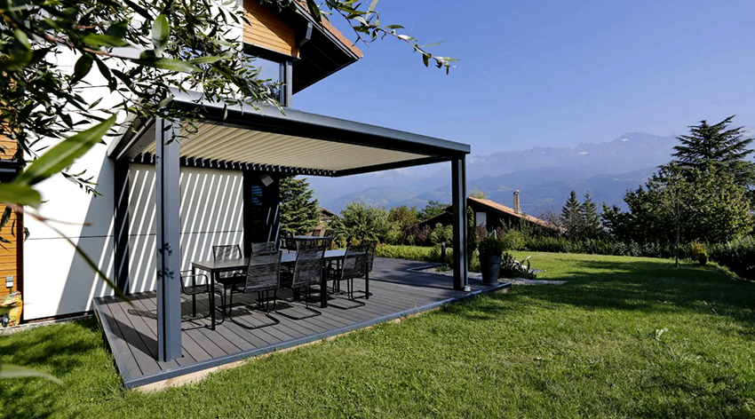 The pergola awning acts as an awning to protect from the sun and rain