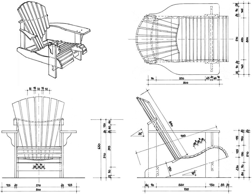Drawing of a wooden chair with dimensions for making it yourself