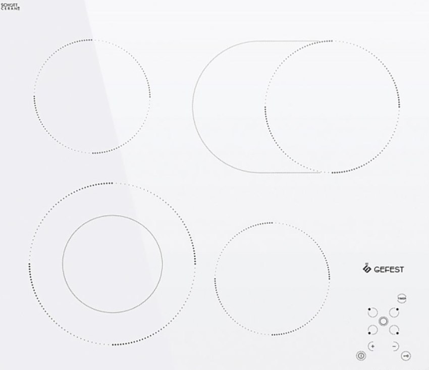 The white induction hob Gefest CH 4232 K12 has burners of different diameters, which are suitable for dishes of any size
