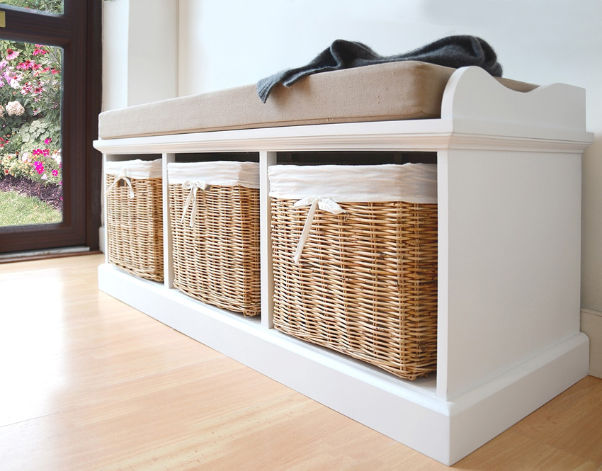 Provence style shoe racks are often made with woven drawers upholstered in fabric