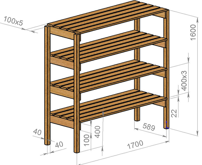 Drawing of a simple wooden shoe rack with dimensions