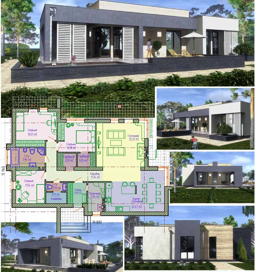 The project of a modern one-story house measuring 19.80x15.96 meters
