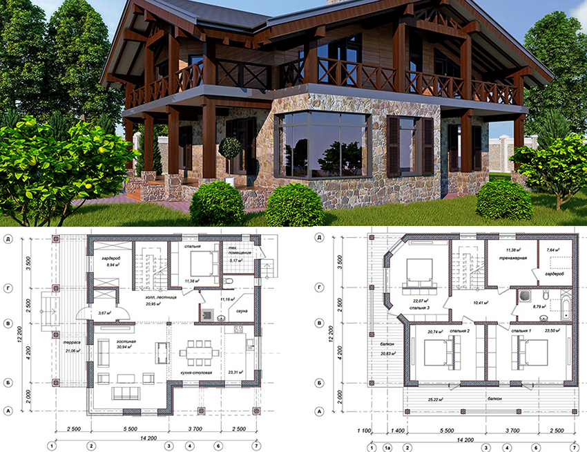 Project of a two-storey house in a modern style measuring 14.2x12.2 meters