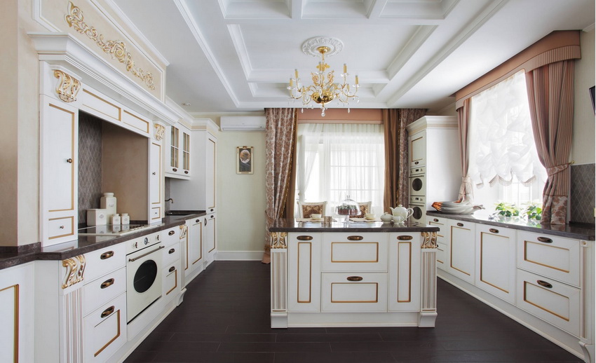 The classic style in the interior of the kitchen is often sustained in light colors and has a characteristic inlay