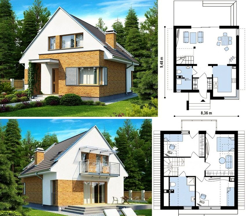Typical project of a brick house with an attic measuring 9.48x8.36 m2
