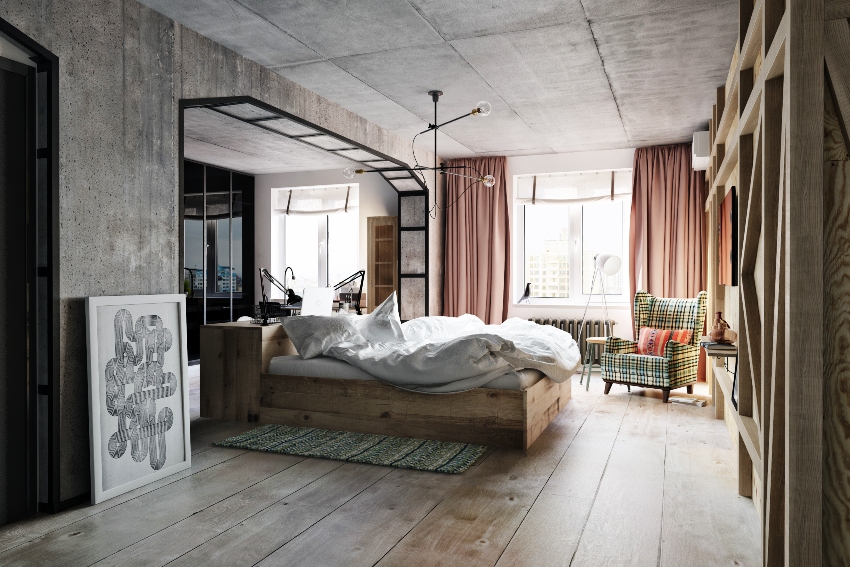 For a loft-style bedroom, it is better to use a light color scheme, for example, white, beige, gray.