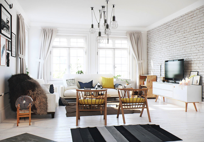 An abundance of natural and artificial light is important for a Scandinavian living room