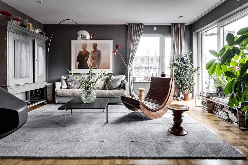 Gray looks expressive and festive in the interior of the living room