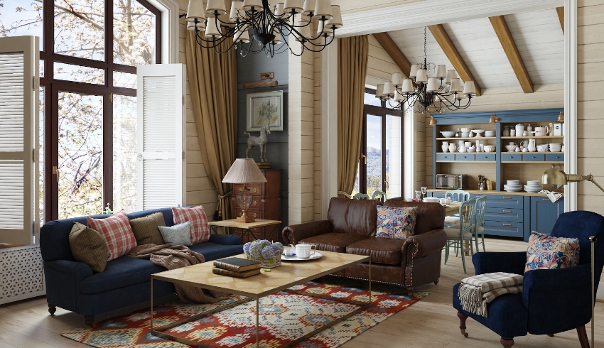 Aby byl obývací pokoj plný pohodlí, potřebujete měkké koberce a nízká křesla, která lze kombinovat s krásnými lampami v klasickém stylu