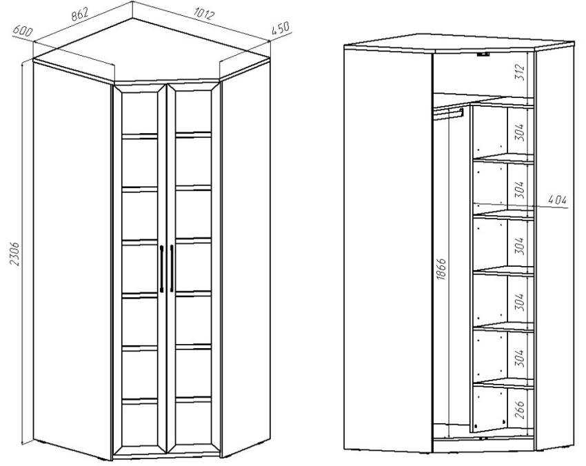 Drawings of a corner wardrobe with dimensions