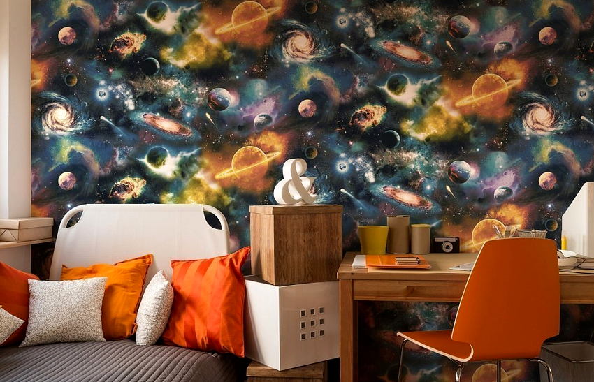 Photomurals depicting space represent the infinity and mystery of the universe
