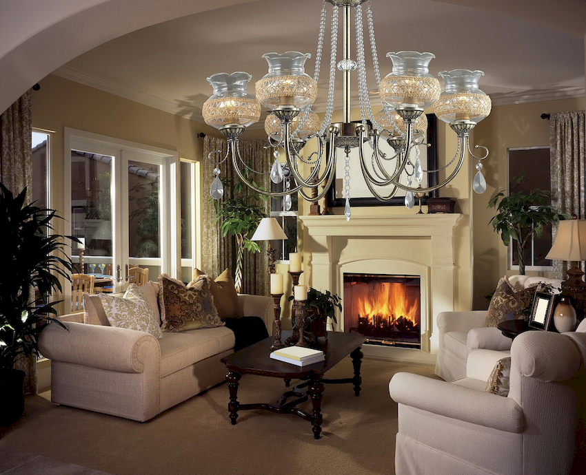 In spacious living rooms, the chandelier can be used for room zoning
