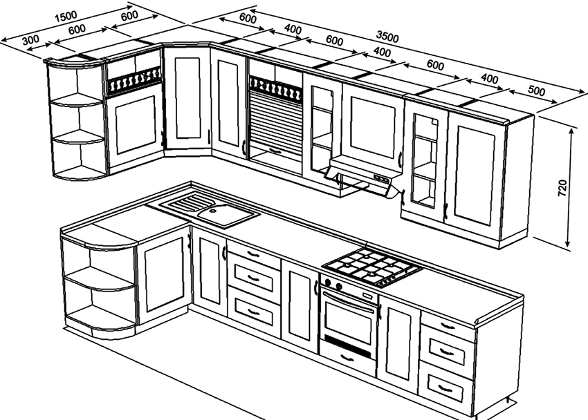 Typical project of a kitchen set, size 1500x3500 mm