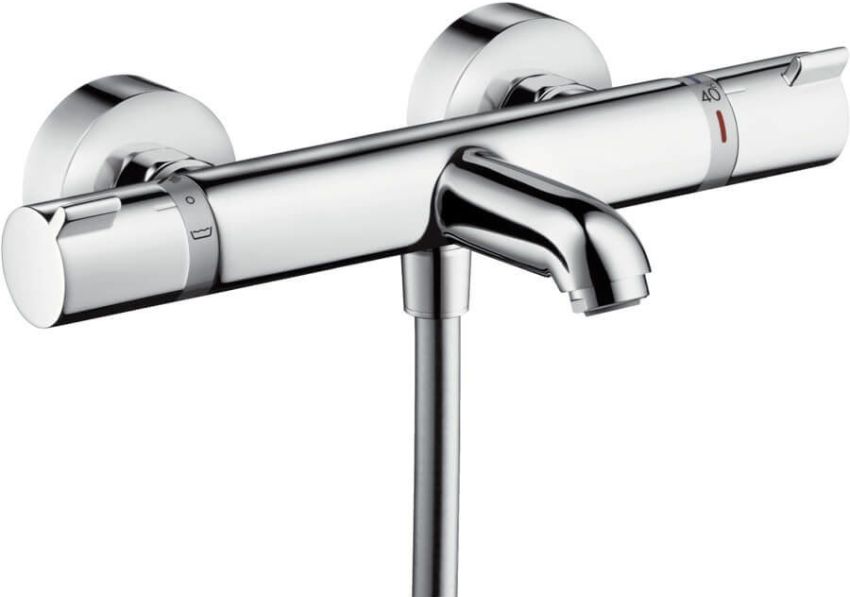 Hansgrohe Ecostat mixer model 13114000 has a long spout and hand shower for comfortable showering