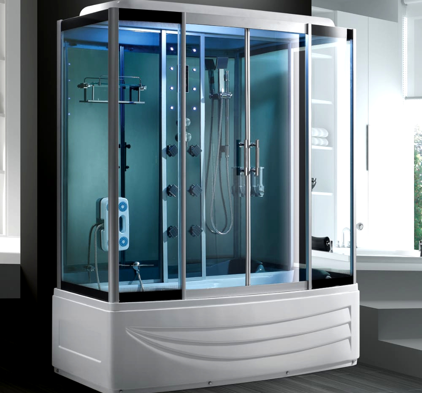 The shower with hydromassage in front of the bathroom has the following advantages: reduced dimensions, safety, versatility, saving resources