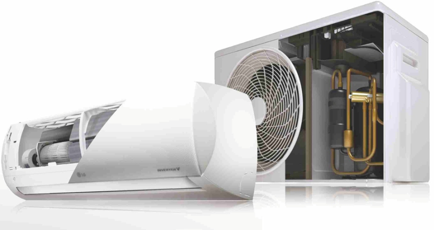 The air conditioner consists of a compressor and an evaporating unit, connected by pipes
