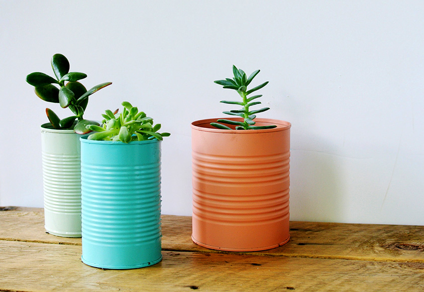 Tin can pots painted in different colors will add colors and mood to the interior