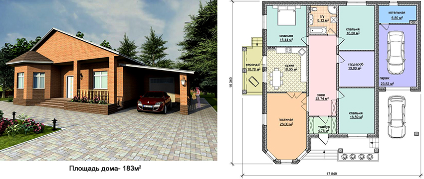 Projekt jednokatne pravokutne kuće površine 183 m² s garažom