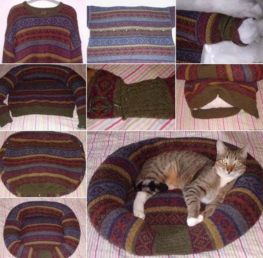 Step-by-step instructions on how to sew a sweater-shaped bed for a cat