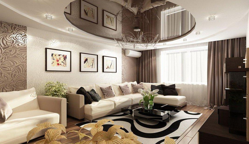 The tandem of white and brown colors in the design of the ceiling looks harmonious and attractive