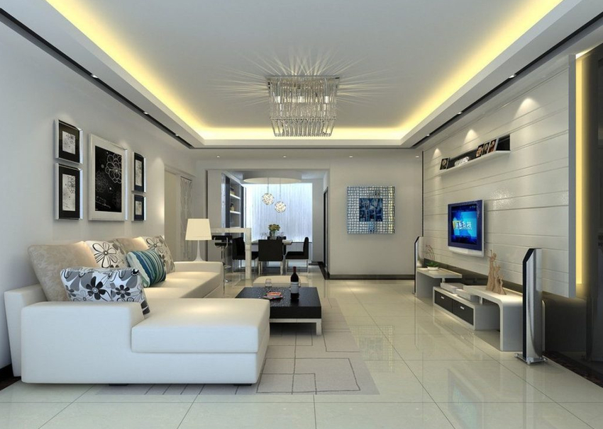 Stretch ceiling with illumination in the living room looks stylish, strict and modern
