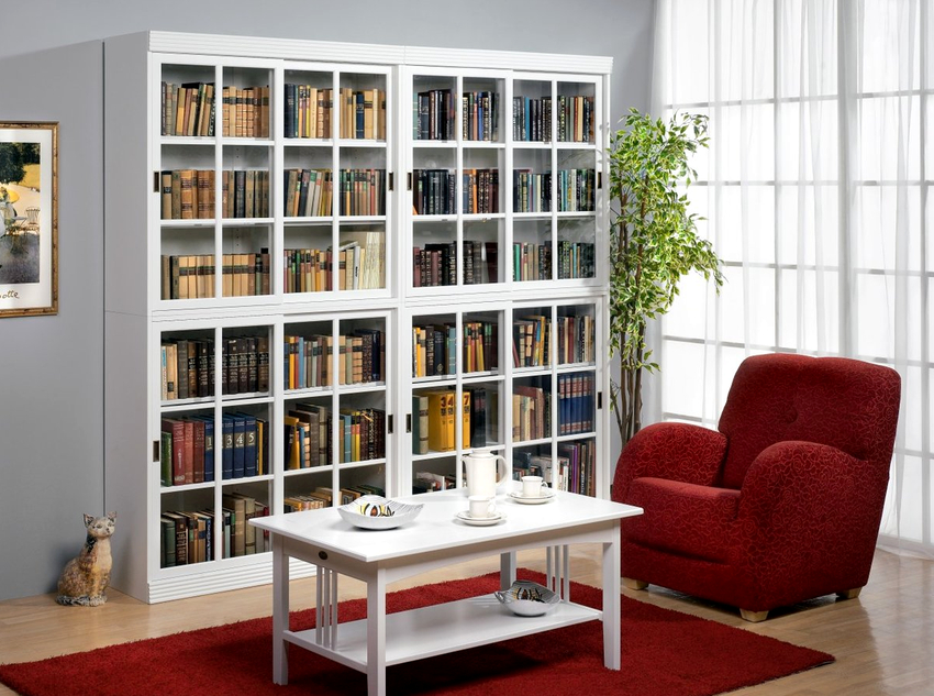 Ormar za knjige sa staklom u bijeloj boji sobi može dodati sofisticiranost i originalnost