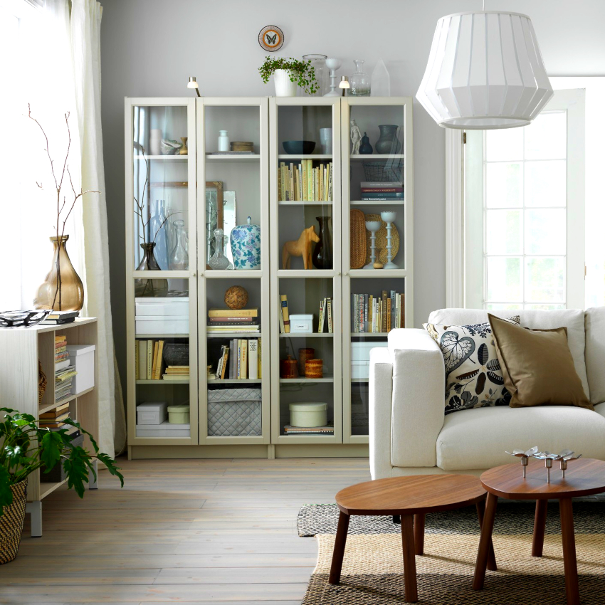 Bookcases with glass doors are made from solid wood, chipboard, MDF, plastic and glass