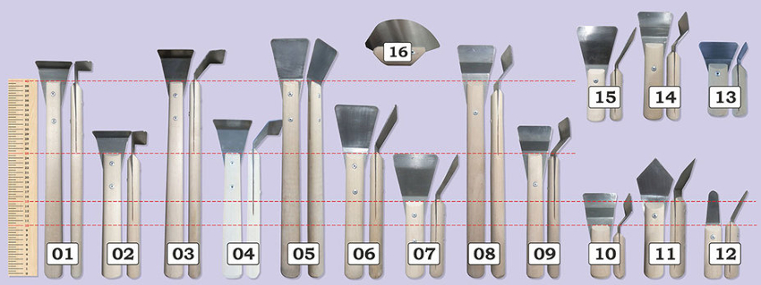 Cornice spatulas: 01 - 90 ° angle, 02 - 90 ° angle, 03 - 45 ° angle, 04 - 45 ° angle; standard spatulas: 05 - standard trowel, 06 - standard trowel, 07 - wide trowel, 15 - wide trowel; goose-type spatulas: 08 - standard blade, 09 - standard blade, 14 - wide blade, 10 - wide blade; spatulas for non-standard ceilings: 11 - corner trowel, 12 - tongue, 13 - corner trowel, 16 - for fabric ceilings