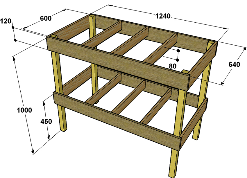 Drawing of a wooden joinery workbench with dimensions