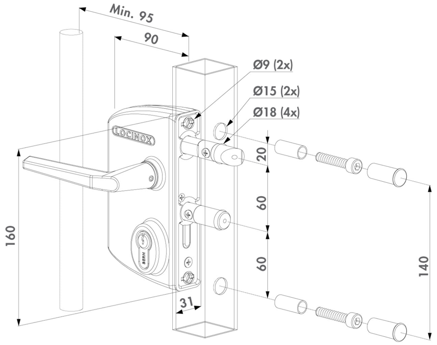 Mounting dimensions of Locinox surface lock