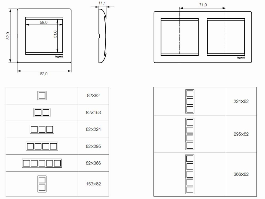 Dimensions of sockets and frames from Legrand