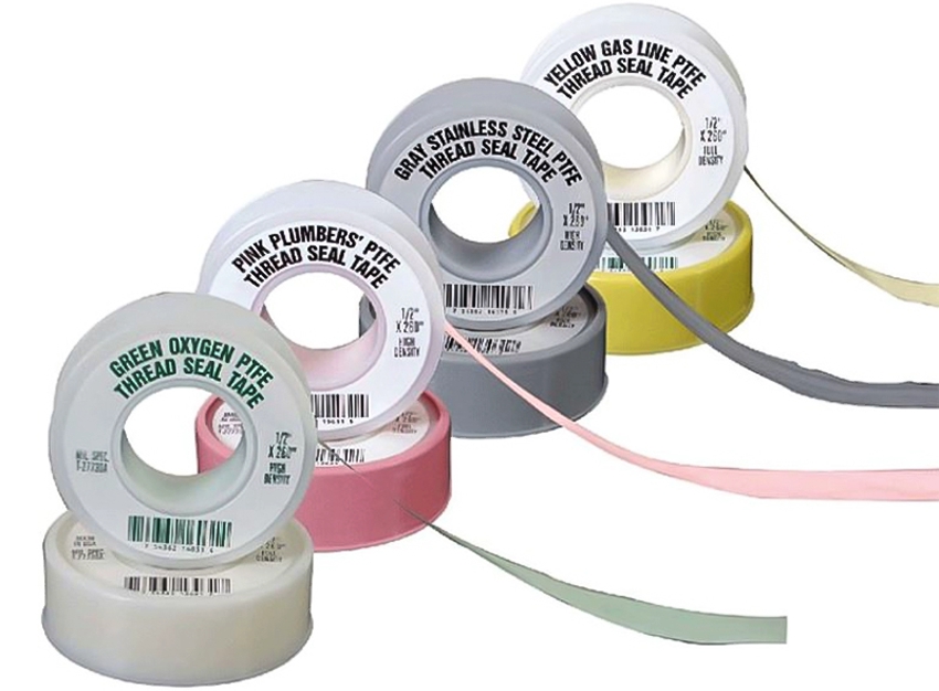The different colors of the tape indicate the material to work with: gas - yellow, stainless steel - gray, plumbing - pink, oxygen - green
