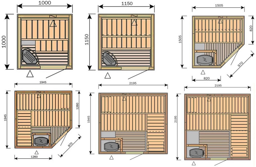 Monteringsmål for forskellige muligheder for kabiner med vægstørrelser fra 1 til 2,19 m