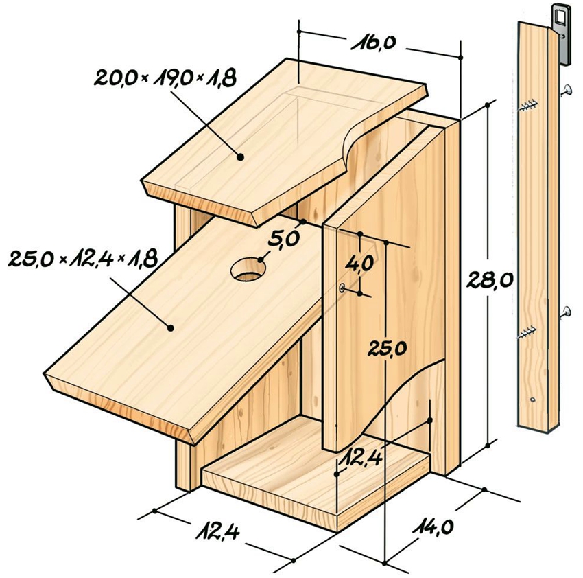 Dimensions of a birdhouse with a pitched roof